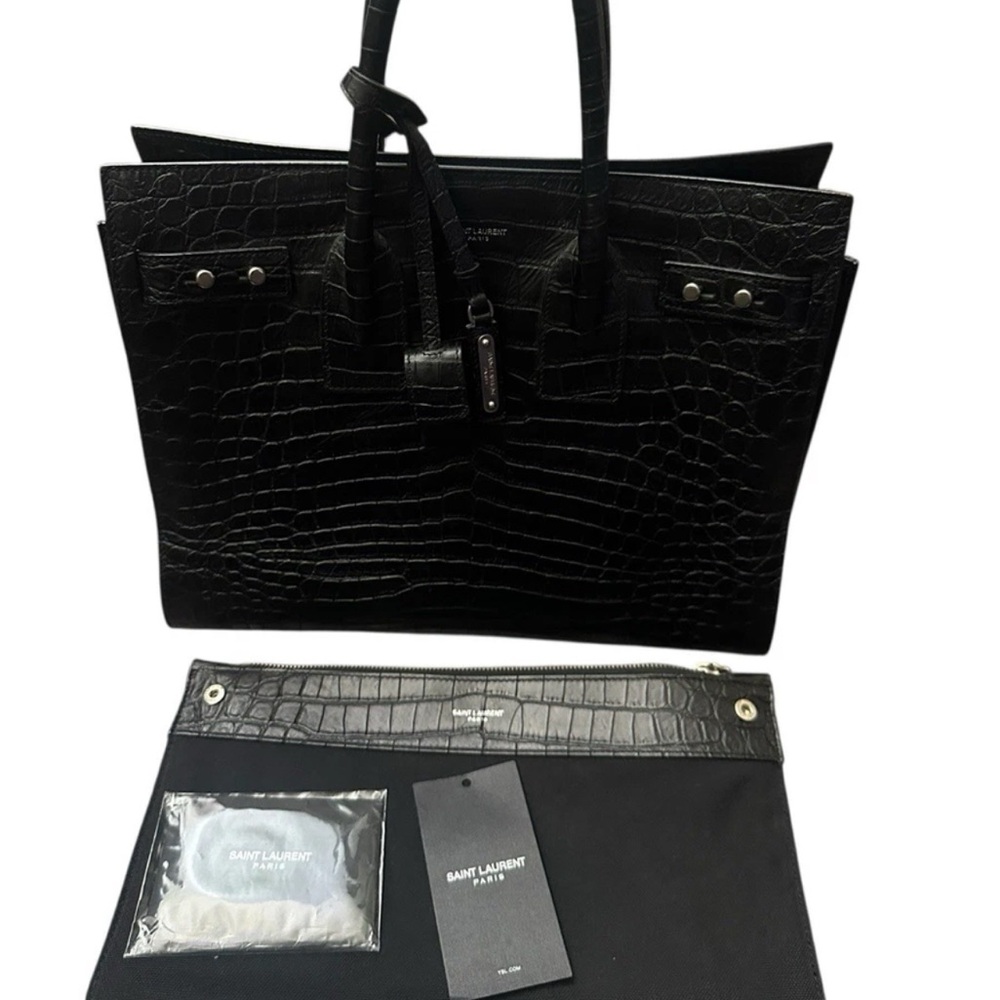 SAINT LAURENT Classic  SAC DE JOUR NANO Black Crocodile Embossed Leather Bag